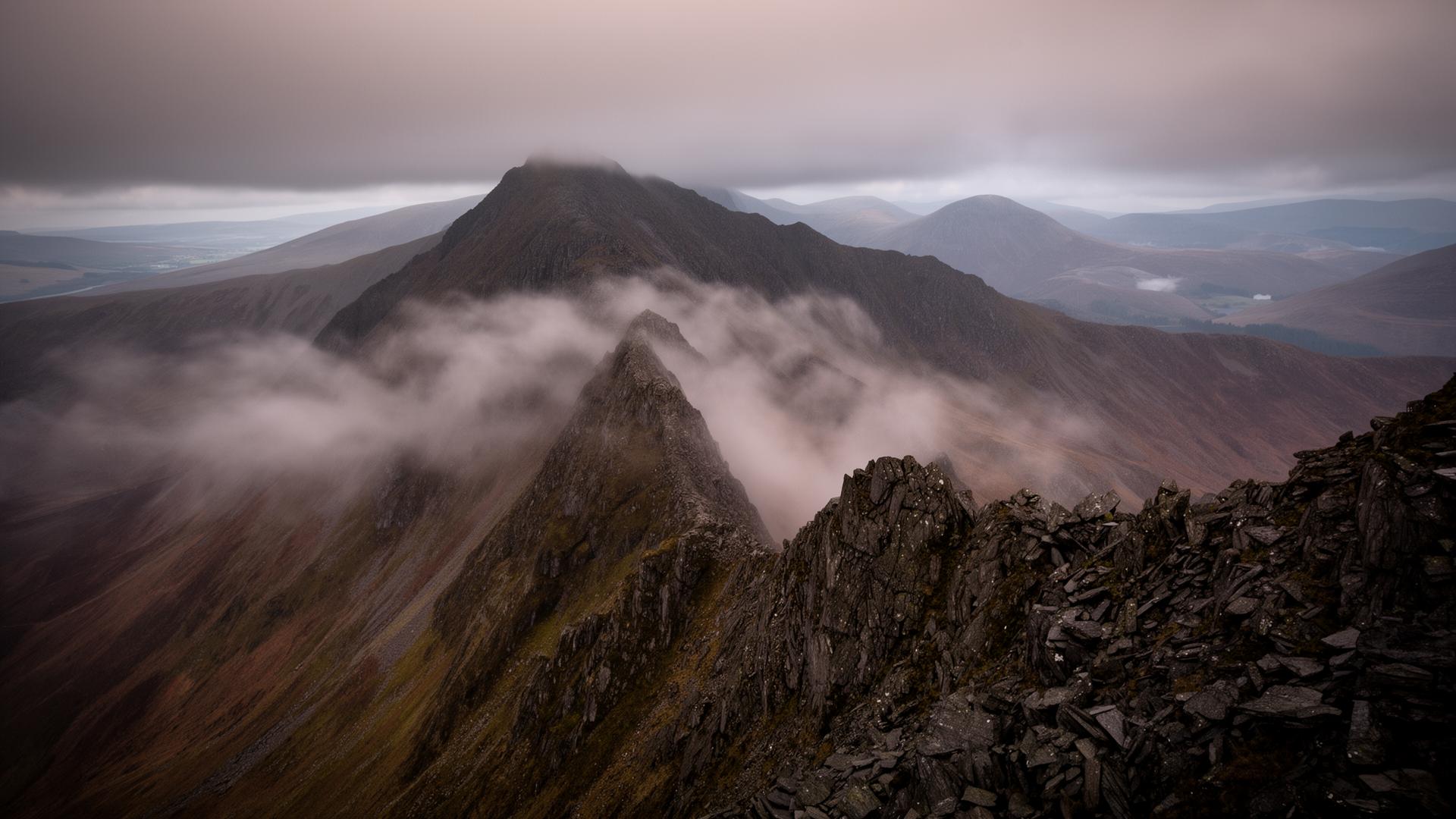 Mist rolling over Snowdonia ridges at dawn
